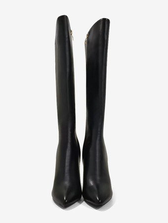 黒の膝丈ブーツ ハイヒール ポインテッドトゥ デザイン ドレスブーツ