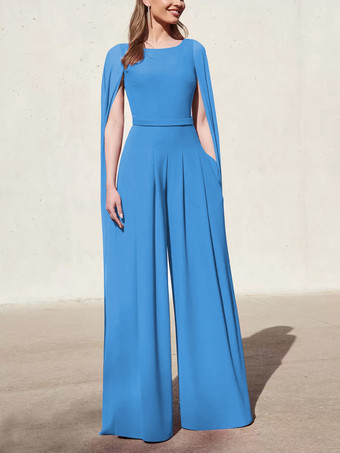 ブルーカクテルドレス付き美しいジャンプスーツフロアレングスVネックポリエステル