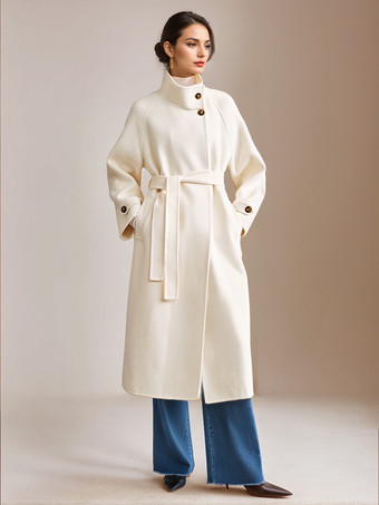 ホワイトウールカシミアブレンドコートスタンドカラーダブルフェイスベルト付き冬アウターレディース2025