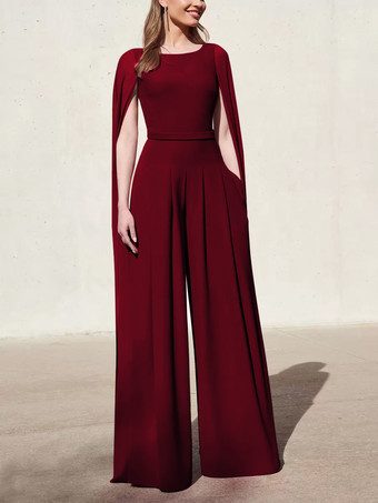 バーガンディーカクテルドレス付き美しいジャンプスーツフロアレングスVネックポリエステル