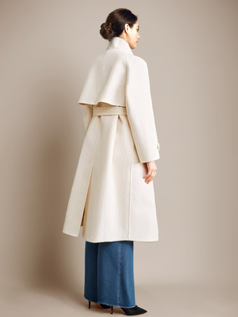 ホワイトウールカシミアブレンドコートスタンドカラーダブルフェイスベルト付き冬アウターレディース2025