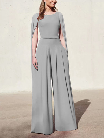 グレイカクテルドレス付き美しいジャンプスーツフロアレングスVネックポリエステル