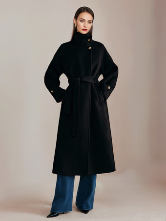 ホワイトウールカシミアブレンドコートスタンドカラーダブルフェイスベルト付き冬アウターレディース2025