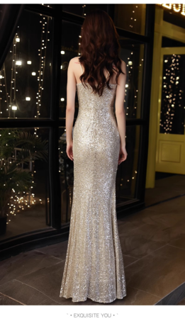 シルバーイブニングドレス マーメイド Vネック スパンコール マキシレングス スプリットフロント 社交パーティードレス