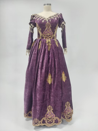 ワインレッド レトロコスチュームネイビーブルー刺繡マリーアントワネットポリエステル帽子ドレスコスチュームセットレトロパーティーウエディングドレス バーガンディ