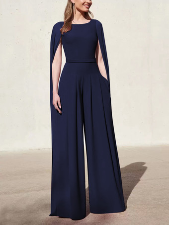 ダークネイビーカクテルドレス付き美しいジャンプスーツフロアレングスVネックポリエステル