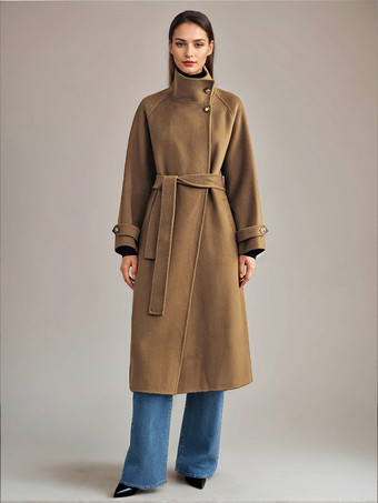 ブラウン ホワイトウールカシミアブレンドコートスタンドカラーダブルフェイスベルト付き冬アウターレディース2025