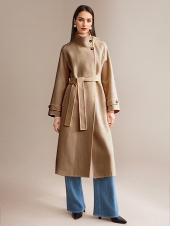 ラクダ色 ホワイトウールカシミアブレンドコートスタンドカラーダブルフェイスベルト付き冬アウターレディース2025