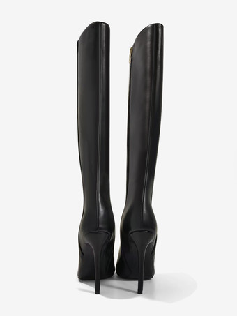 黒の膝丈ブーツ ハイヒール ポインテッドトゥ デザイン ドレスブーツ