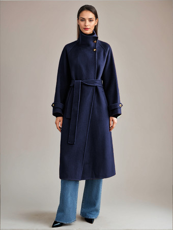 ダークネイビーホワイトウールカシミアブレンドコートスタンドカラーダブルフェイスベルト付き冬アウターレディース2025