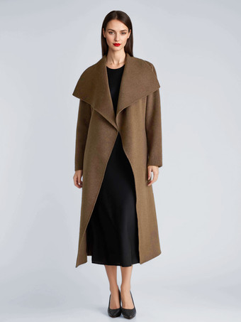 ブラウン ウール カシミア ブレンド コート レディース ブラック ワイドラペル ダブルフェイス 冬 ロング アウター 2025