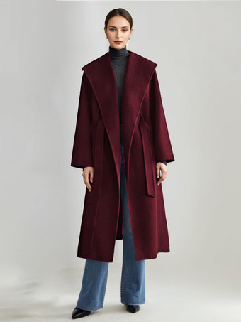 ワインレッド ウール カシミア ブレンド コート ホワイト ワイドラペル ダブルフェイス ベルト付き 冬アウター レディース 2025