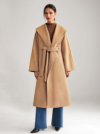 ラクダ色 ウール カシミア ブレンド コート ホワイト ワイドラペル ダブルフェイス ベルト付き 冬アウター レディース 2025