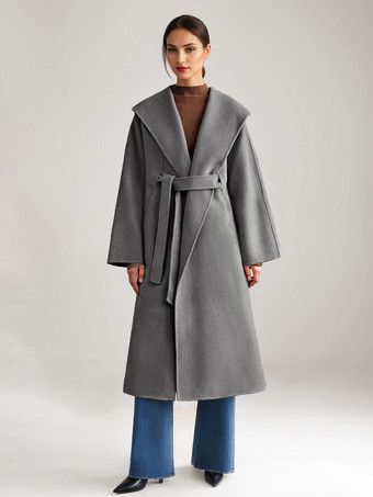 グレイウール カシミア ブレンド コート ホワイト ワイドラペル ダブルフェイス ベルト付き 冬アウター レディース 2025