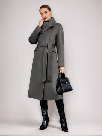 グレイウール カシミア ブレンド コート レディース 冬用 レッド ベルト付き ダブルフェイス ラップ アウターウェア 2025