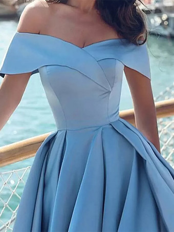 イブニングドレス ボートネック Aライン ベビーブルー パーティードレス サテン ファスナー トレーン付き 半袖 30cm フォーマルドレス 演奏会ドレス 結婚式 二次会ドレス 発表会 プリーツ ウェディング