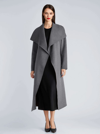 グレイウール カシミア ブレンド コート レディース ブラック ワイドラペル ダブルフェイス 冬 ロング アウター 2025