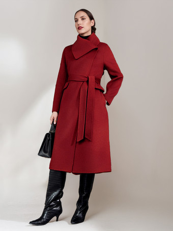 ウール カシミア ブレンド コート レディース 冬用 レッド ベルト付き ダブルフェイス ラップ アウターウェア 2025