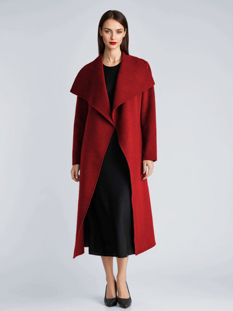 レッド ウール カシミア ブレンド コート レディース ブラック ワイドラペル ダブルフェイス 冬 ロング アウター 2025