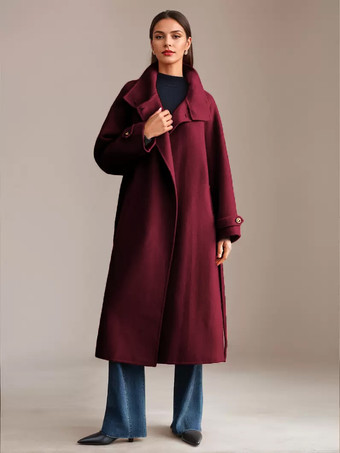 ワインレッド ホワイトウールカシミアブレンドコートスタンドカラーダブルフェイスベルト付き冬アウターレディース2025