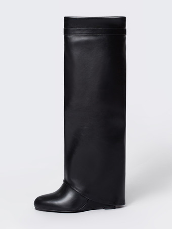 ブラック ブラックニーハイブーツ レディース ラウンドトゥ ウェッジヒールブーツ