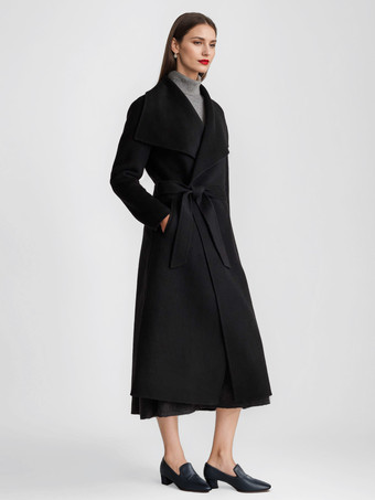 ウール カシミア ブレンド コート レディース ブラック ワイドラペル ダブルフェイス 冬 ロング アウター 2025