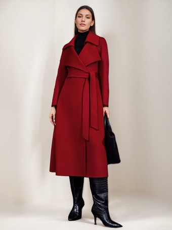 レッドウールカシミアブレンドコート レディース バーガンディ ダブルブレスト ダブルフェイス 冬アウター 2025