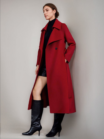 レッドウールカシミアブレンドコート レディース バーガンディ ダブルブレスト ダブルフェイス 冬アウター 2025