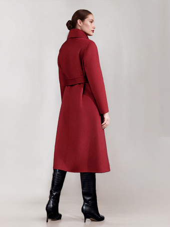 ウール カシミア ブレンド コート レディース 冬用 レッド ベルト付き ダブルフェイス ラップ アウターウェア 2025