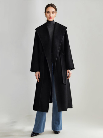 ブラック ウール カシミア ブレンド コート ホワイト ワイドラペル ダブルフェイス ベルト付き 冬アウター レディース 2025
