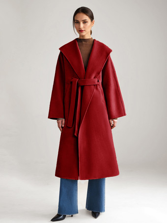 レッド ウール カシミア ブレンド コート ホワイト ワイドラペル ダブルフェイス ベルト付き 冬アウター レディース 2025