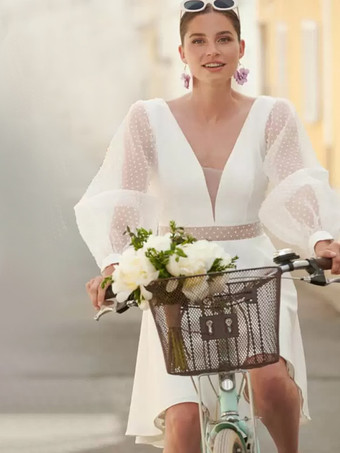 ショートウェディングドレス ショートVネック ロングスリーブ ショートチュール ショートブライダルドレス