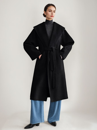 ウール カシミア ブレンド コート ホワイト ワイドラペル ダブルフェイス ベルト付き 冬アウター レディース 2025