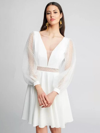 ショートウェディングドレス ショートVネック ロングスリーブ ショートチュール ショートブライダルドレス