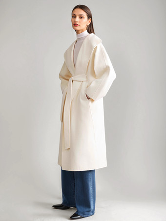 ウール カシミア ブレンド コート ホワイト ワイドラペル ダブルフェイス ベルト付き 冬アウター レディース 2025