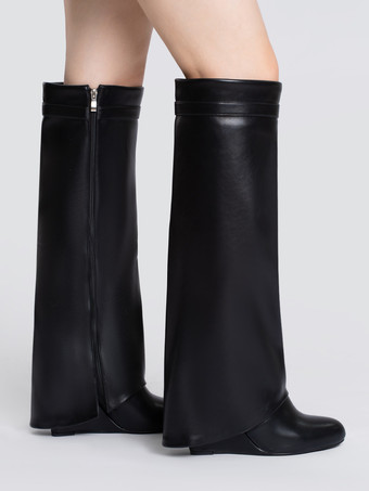 ブラックニーハイブーツ レディース ラウンドトゥ ウェッジヒールブーツ