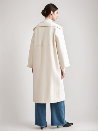 ウール カシミア ブレンド コート ホワイト ワイドラペル ダブルフェイス ベルト付き 冬アウター レディース 2025