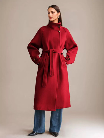 レッド ホワイトウールカシミアブレンドコートスタンドカラーダブルフェイスベルト付き冬アウターレディース2025
