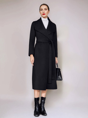 ブラック ウール カシミア ブレンド コート ベルト付き キャメル ワイドラペル 冬 ダブルフェイス アウターウェア レディース 2025