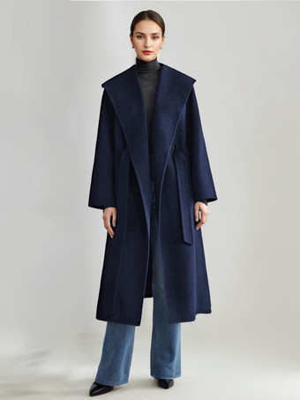 ダークネイビーウール カシミア ブレンド コート ホワイト ワイドラペル ダブルフェイス ベルト付き 冬アウター レディース 2025