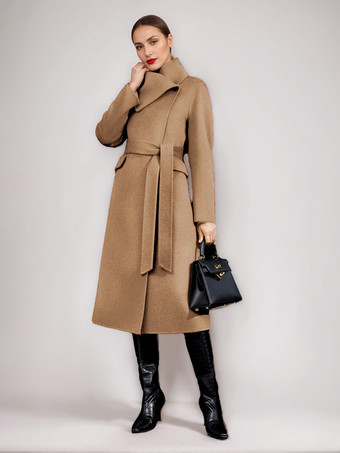 ラクダ色 ウール カシミア ブレンド コート レディース 冬用 レッド ベルト付き ダブルフェイス ラップ アウターウェア 2025