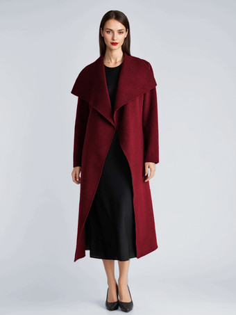 ワインレッド ウール カシミア ブレンド コート レディース ブラック ワイドラペル ダブルフェイス 冬 ロング アウター 2025
