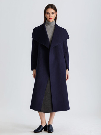 ダークネイビーウール カシミア ブレンド コート レディース ブラック ワイドラペル ダブルフェイス 冬 ロング アウター 2025