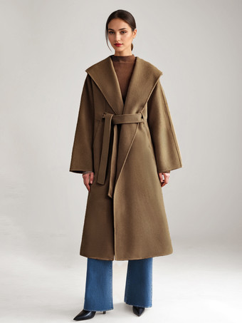 ブラウン ウール カシミア ブレンド コート ホワイト ワイドラペル ダブルフェイス ベルト付き 冬アウター レディース 2025