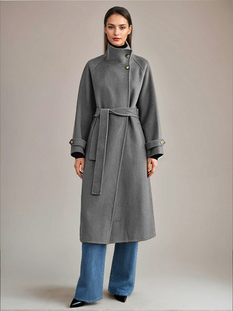 グレイホワイトウールカシミアブレンドコートスタンドカラーダブルフェイスベルト付き冬アウターレディース2025