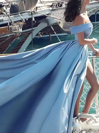 イブニングドレス ボートネック Aライン ベビーブルー パーティードレス サテン ファスナー トレーン付き 半袖 30cm フォーマルドレス 演奏会ドレス 結婚式 二次会ドレス 発表会 プリーツ ウェディング