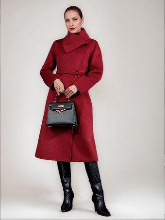 ウール カシミア ブレンド コート レディース 冬用 レッド ベルト付き ダブルフェイス ラップ アウターウェア 2025