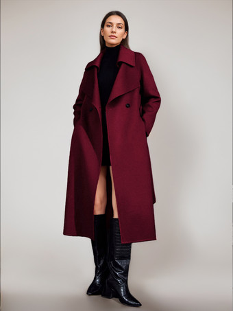 ワインレッド レッドウールカシミアブレンドコート レディース バーガンディ ダブルブレスト ダブルフェイス 冬アウター 2025