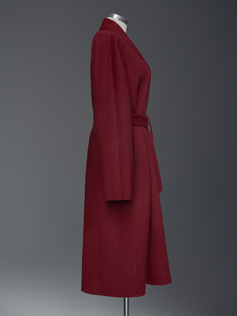 バーガンディ ウール カシミア ブレンド ラップコート レディース ラペル エレガント ベルト付き ダブルフェイス 冬アウター 2025