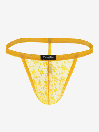 イエローレースメンズランジェリーパイピングシアーセクシーな皮ひも